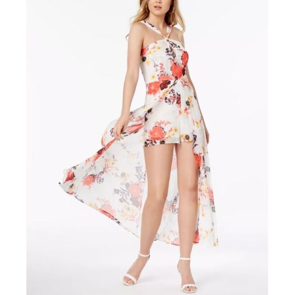 Material Girl Juniors' Printed Romper with Sheer Overlay Maxi Skirt Multi S NWT